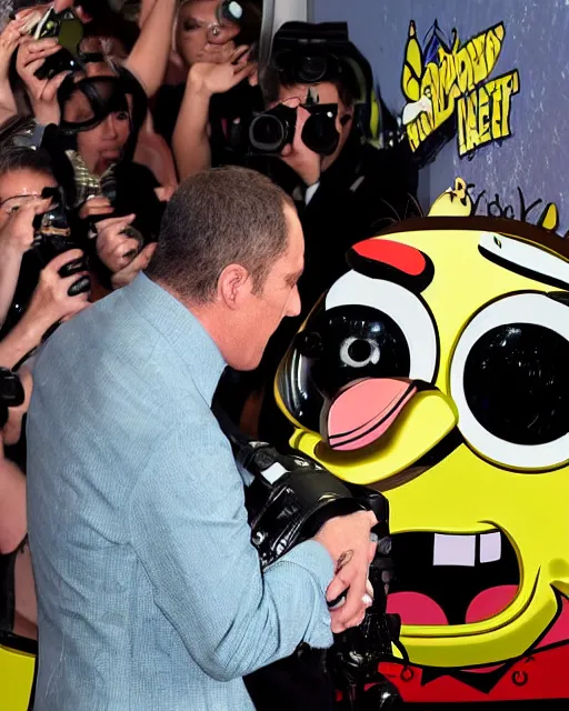 Image similar to Paparazzi photographers a terrified SpongeBob SquarePants at his movie premiere, photorealistic