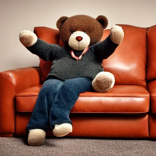 Prompt: a teddy bear with very! very long!!!! legs on a formal couch, 4 k photo