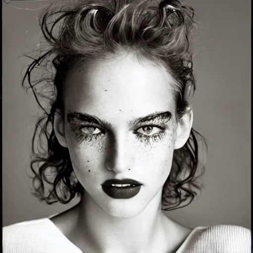 Prompt: a beautiful professional photograph by herb ritts and ellen von unwerth for vogue magazine of a beautiful lightly freckled and unusually attractive, cute and beautiful female fashion model looking at the camera in a flirtatious way, zeiss 5 0 mm f 1. 8 lens