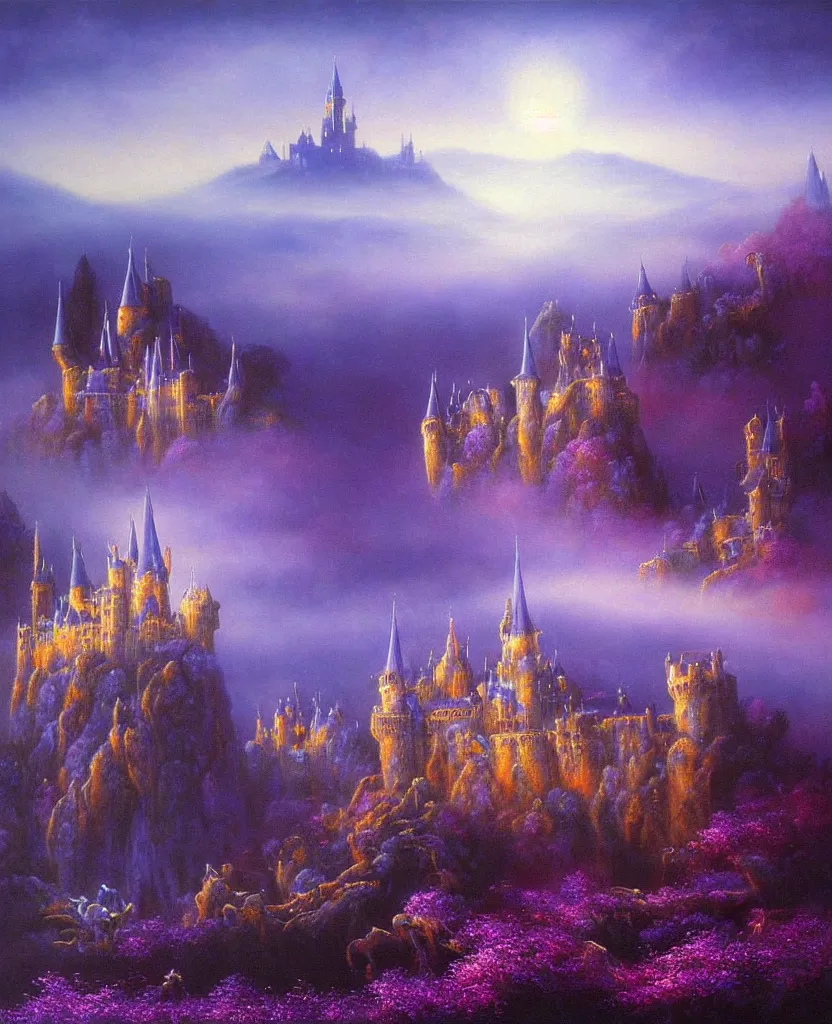 Image similar to beautiful matte airbrush painting of a of a fantasy landscape with a european medieval castle made of light in the distance enveloped in trails of colorful animal ghosts floating around it, clear painting and good lighting, dark blue and intense purple color palette, mystical fog, art by gilbert williams, yoshitaka amano, high quality