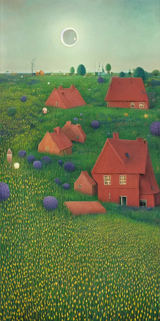 Prompt: night, moon, moonlight, scandinavian!!! houses!!!, floral motives, in the high grass, river, hygge, by jacek yerka by levitan, by tove jansson, surrealistic painting, masterpiece, oil painting, sharp focus, highly detailed, intricate, smooth, 8 k,