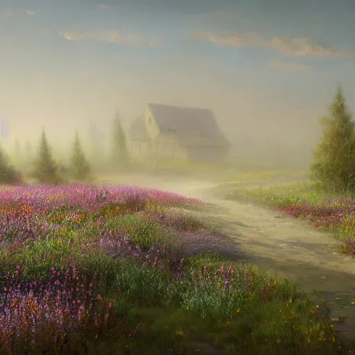 Image similar to a matte painting of a european prairie, cottage town, foggy, patchy flowers, oil painting, pale colors, high detail, 8 k, wide angle, trending on artstation,