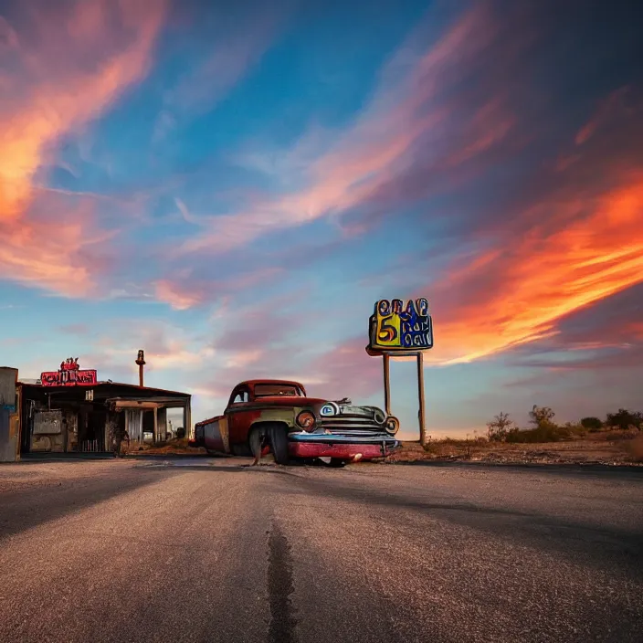 Image similar to a sunset light landscape with historical route 6 6, lots of sparkling details and sun ray ’ s, blinding backlight, smoke, volumetric lighting, colorful, octane, 3 5 mm, abandoned gas station, old rusty pickup - truck, beautiful epic colored reflections, very colorful heavenly, softlight