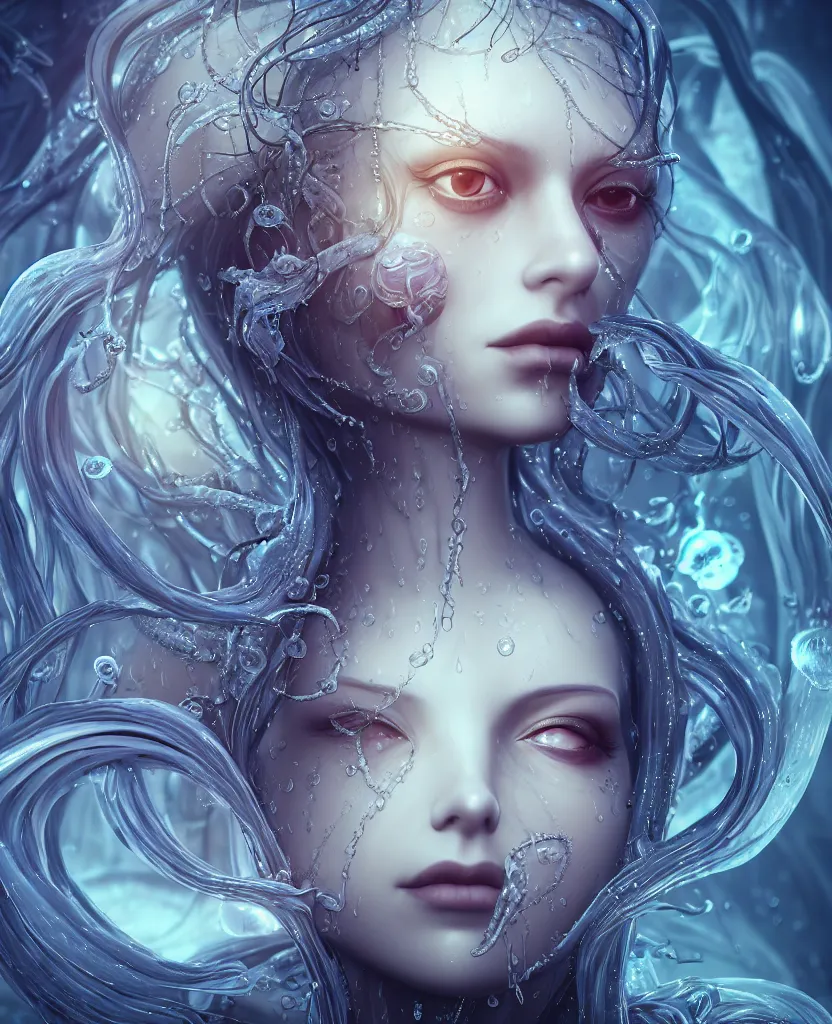 Image similar to close-up portrait of the face of a beautiful gloomy gothic princess, epic angle and pose, symmetrical artwork, 3d with depth of field, blurred background, cybernetic jellyfish female face skull phoenix bird, translucent, nautilus, energy flows of water and fire. a highly detailed epic cinematic concept art CG render. made in Maya, Blender and Photoshop, octane render, excellent composition, cinematic dystopian brutalist atmosphere, dynamic dramatic cinematic lighting, aesthetic, very inspirational, arthouse. y Greg Rutkowski, Ilya Kuvshinov, WLOP, Stanley Artgerm Lau, Ruan Jia and Fenghua Zhong