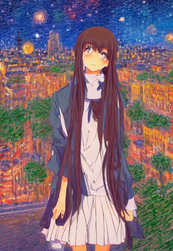 Prompt: wide angle portrait of a teenage girl, a thrifty outfit, somewhat of an anime in impressionist style, city street view background, starlit night sky, trending artwork, illustrated in anime painter studio, by claude monet and an anime artist, collaboration