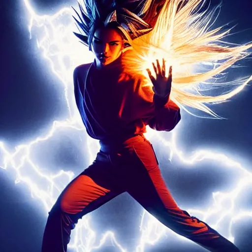 Prompt: big eyes face photo of kendall jenner as super saiyan as goku powering up wearing hoodie electric energy dramatic lighting by annie leibovitz
