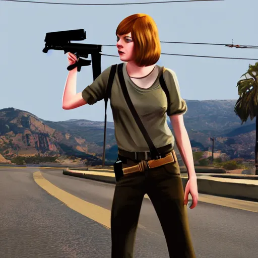 Image similar to emma stone in gta v holding an ak - 4 7, cover art by stephen bliss, artstation, no text