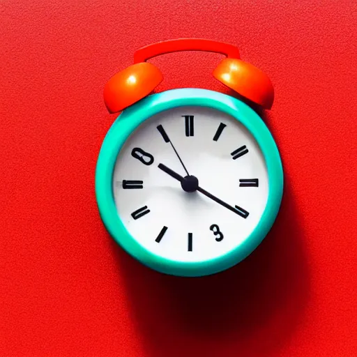 Image similar to Very tiny red alarm clock that looks like the iOS emoji and has the same colors, 3D clay render, 4k UHD, white background, isometric top down left view, diffuse lighting, zoomed out very far