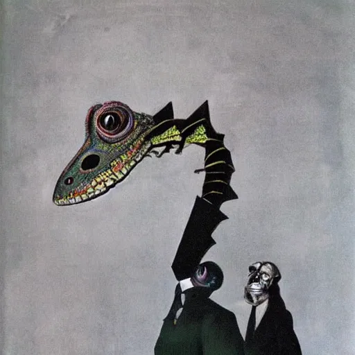 Image similar to A portrait of a humanoid lizard wearing a suit, eerie, by Salvador Dali