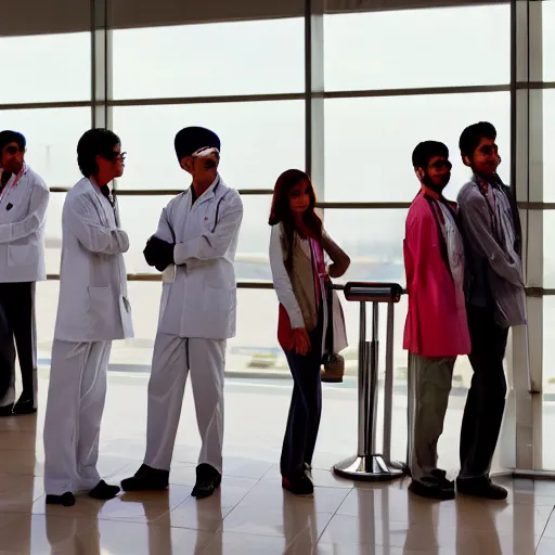 Image similar to Anxious good looking young Indian doctors in American clothes waiting at an airport, by Feng Zhu, highly detailed, excellent composition, cinematic concept art, dramatic lighting, trending on ArtStation