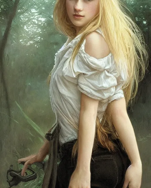 Image similar to portrait of 1 6 - year - old woman with dirty blonde hair down to her waist, pale eyebrows and protuberant silver eyes, wearing white shirt, hyper realistic face, beautiful eyes, fantasy art, in the style of greg rutkowski, intricate, alphonse mucha, hyper detailed, smooth