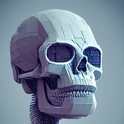 Image similar to portrait of cybernetic overlord of the metaverse, skull, hard clay, ceramics, reflections, ambient occlusion, raytracing, 8 - bit, by beeple