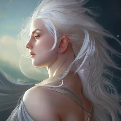 Image similar to god and goddess, white hair, long hair, gorgeous, amazing, elegant, intricate, highly detailed, digital painting, artstation, concept art, sharp focus, illustration, art by artgerm and greg rutkowski and alphonse mucha