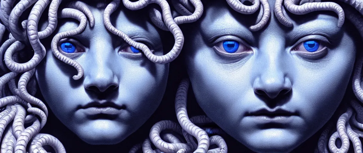 Prompt: hyperrealistic highly detailed close-up portrait of a Rubensian blue rococo medusa with 8 round cat eyes sharp concept art wayne barlowe cinematic lighting 8k low angle shallow depth of field