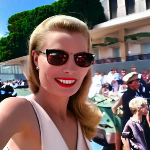 Prompt: selfie smartphone photo of a young Grace Kelly at the Monaco Gran Prix, F1 cars blurred in background, iphone photo, smartphone resolution, low resolution camera