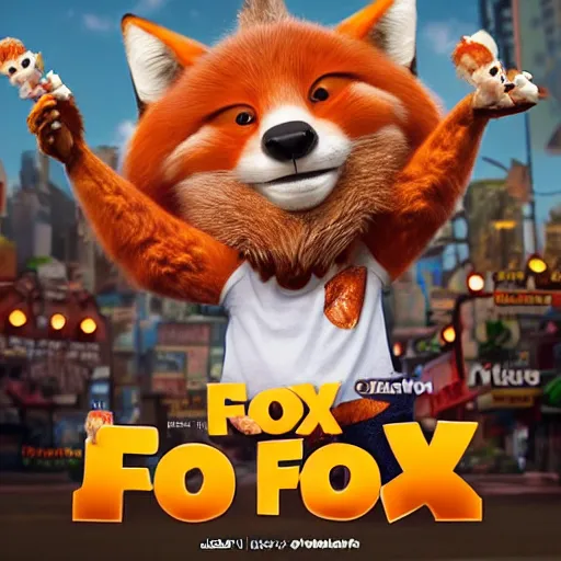 Prompt: animated 3D movie poster featuring an anthropomorphic fox wearing a casual outfit, a lot of fried chicken in the background, promotional media