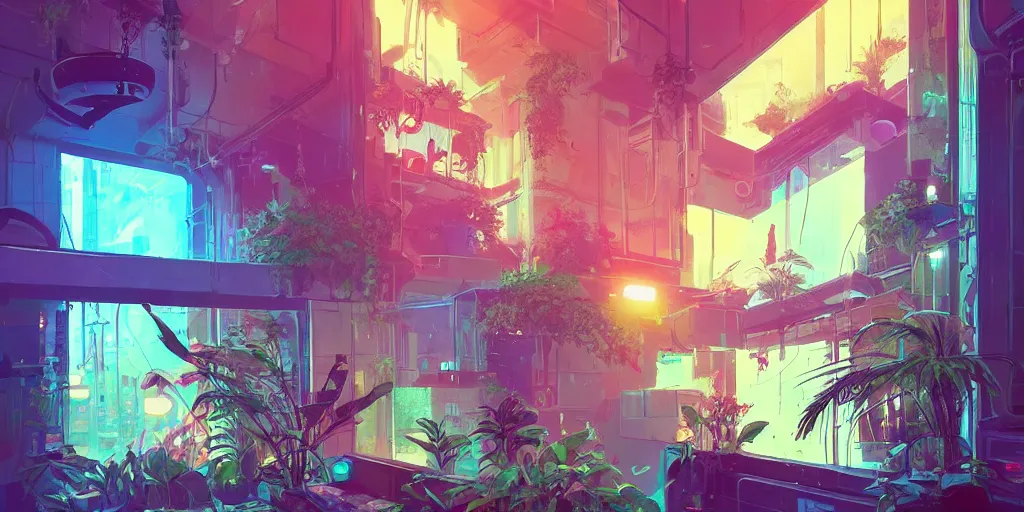 Image similar to one lush windowsill with plants inside of it, looking out to a cyberpunk rainy street with neon signs, interior of room frame, detailed digital concept art by anton fadeev and marc simonetti, trending on artstation