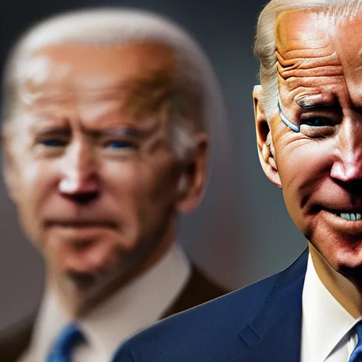 Prompt: joe biden as a cyborg in cyperpunk 2 0 7 7, cybernetic red eye, movie still, cinematic, photorealistic, extreme detail, facial features, sharp focus, 8 k, rain, close up, anamorphic lens, lighting, dark, dystopia, leather coat, atmospheric