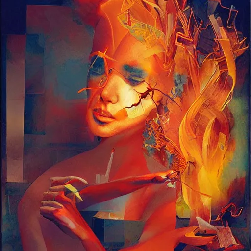 Prompt: she is burning her digital past with glitched flames made of bits, oil on canvas by dave mckean, james jean and esao andrews