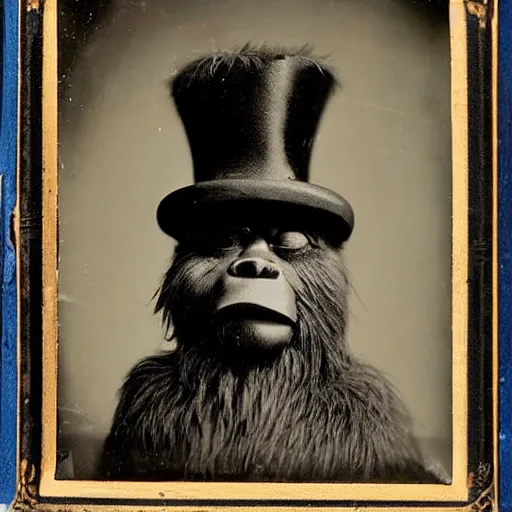 Prompt: a vintage wet plate portrait of a dignified bigfoot with a top hat and cane, extremely detailed, by robert capa!!!!!!!!!!!!!!!!!!