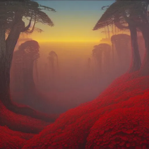 Image similar to landscape painting of redwood forest overrun with red alien vines and cancerous tumor pufball mushrooms with an ominous red sunset, by Beksinski and Ansel Adams and Greg Rutkowski and Moebius