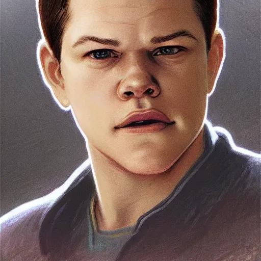 Image similar to Young Matt Damon, highly detailed, digital painting, artstation, concept art, smooth, sharp focus, illustration, ArtStation, art by artgerm and greg rutkowski and alphonse mucha and J. C. Leyendecker and Edmund Blair Leighton and Katsuhiro Otomo and Geof Darrow and Phil hale and Ashley wood and Ilya repin and Charlie Bowater