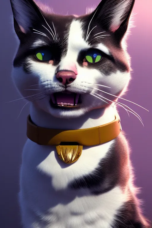 Image similar to epic painting of a cat mixed with a dog, very detailed, ultrarealistic, dramatic lighting, electrical details, high details, 4k, 8k, trending on artstation, unreal engine 5, fur, groom, k9 catdog