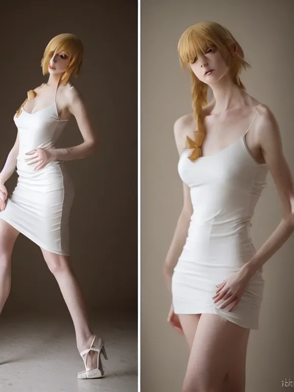 Image similar to studio photo of gorgeous seductive tall emily skinner cosplaying annie leonhart wearing heels, wearing tight white wet dress, in a white room, beautiful face, pale skin, rule of thirds, cinematic lighting, sharp focus, backlit, stunning, smooth, hard focus, full body shot, shot on sony a 7 iii