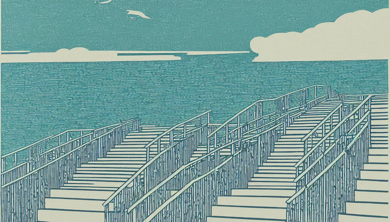 Prompt: stairs down to the ocean by woodblock print