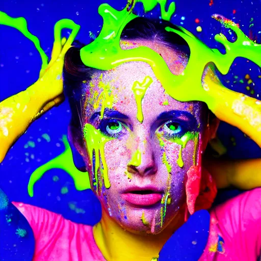 Image similar to a photo of a woman drowning in different colourful slime with golden sprinkles. moody and melanchonic.