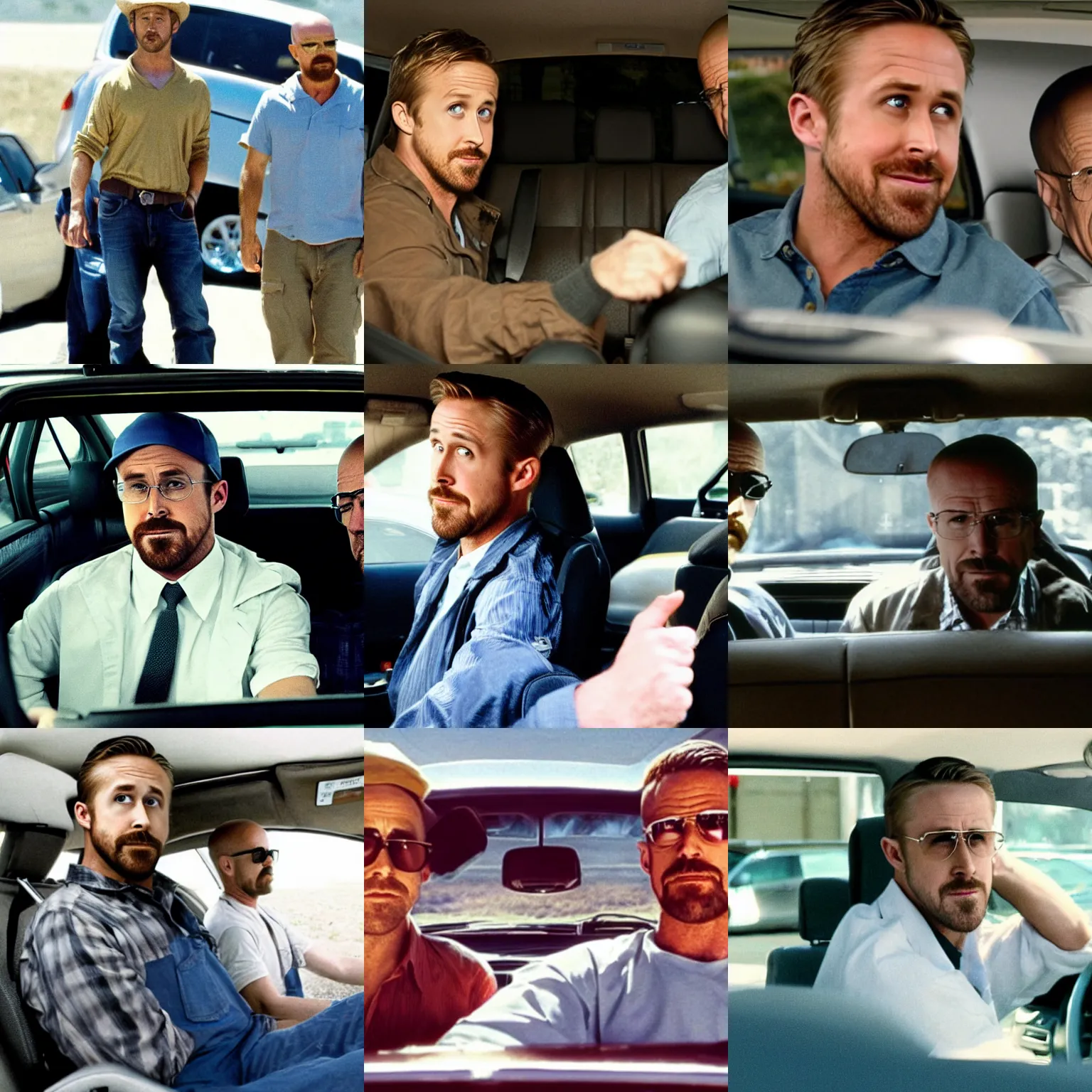 Prompt: Ryan Gosling giving a lift to Walter White