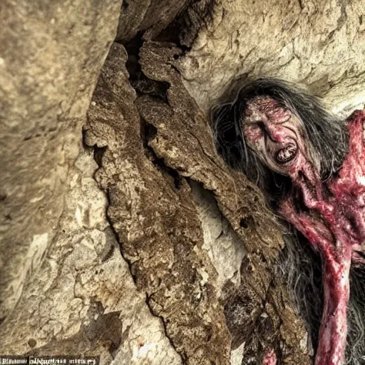 Image similar to an ultra realistic 8 k hdr photo of an elderly jagged raggedy witch woman crippled up and hunched over in a cave over a corpse with blood and meat and bones and mold and spider webs in the year 1 4 0 0