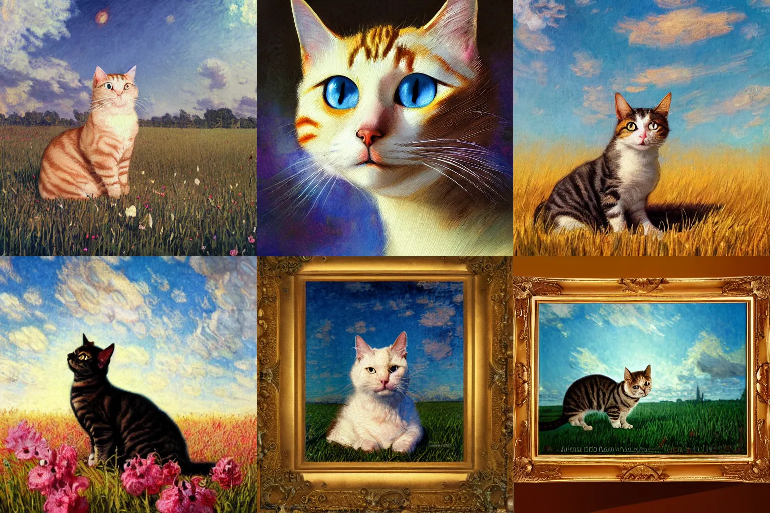 Prompt: A painting of a cat under the sky in a field, by (Ross Tran, Norman Rockwell, Leonardo da Vinci, Claude Monet), extreme detail, Trending on Artstation