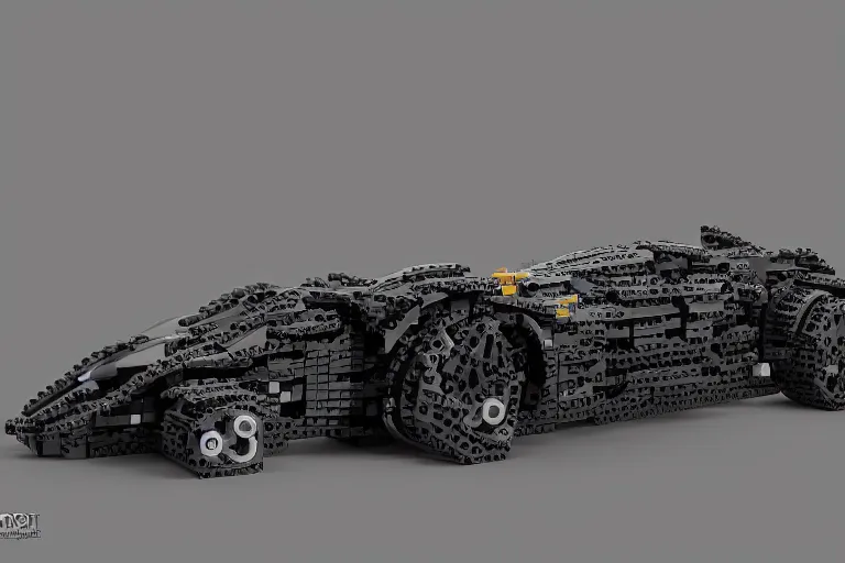 Image similar to the lego batmobile is standing ina cave. highly detailed. intricate. mist. octane render. rim light. photoreal. 8 k. monochrome. cinematic.
