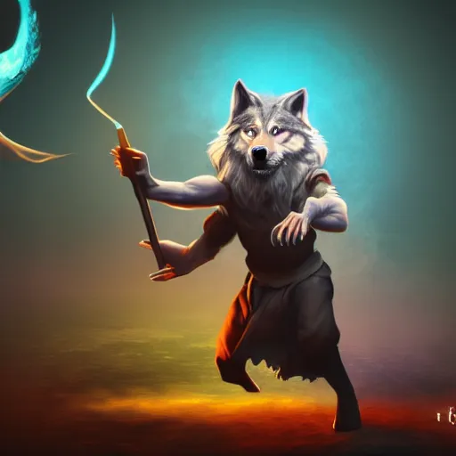 Image similar to wizard is casting magic spells as a wolf, dynamic pose, chromatic aberration, medium level shot, fantasy, illustration, concept art,