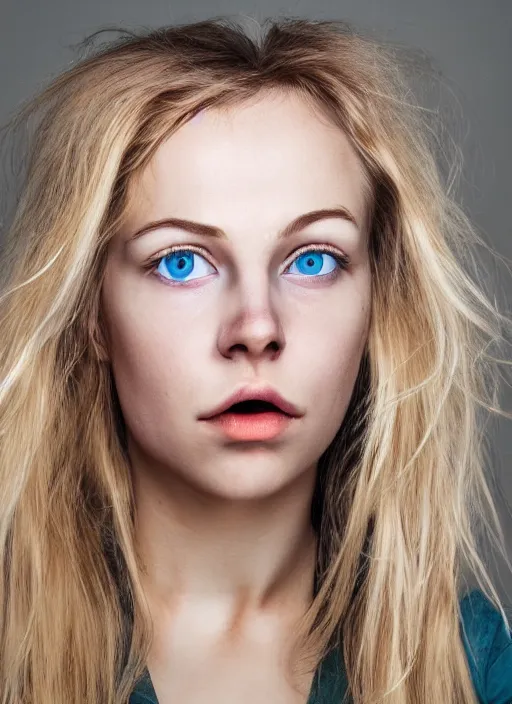 Prompt: face portrait of a nordic girl, big green eyes, light golden blonde hair, greek nose, low and wide forehead, glowing skin, face expression of contempt, ultra hd, hyper - realistic photograph, 8 k