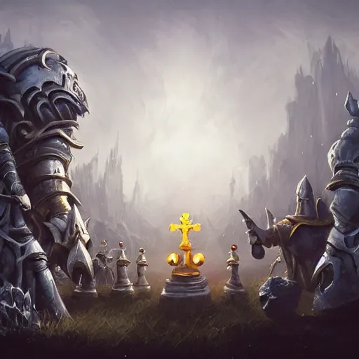 Prompt: a giant white chess knight piece, knight chess, glowing chess knight, chess knight, chess knight, chess knight, battlefield background, bright art masterpiece artstation. 8 k, sharp high quality artwork in style of jose daniel cabrera pena and greg rutkowski, concept art by tooth wu, hearthstone card game artwork, chess knight