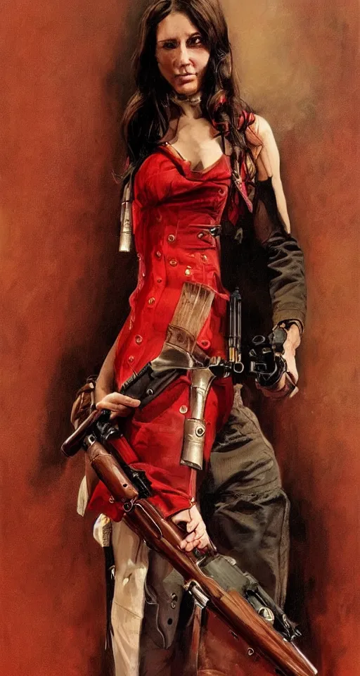 Image similar to a woman in a red wild west dress holding a shotgun, realistic painting by drew struzan, anatomically correct, beautiful, soft lighting, artstation