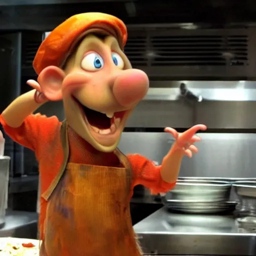 Prompt: Guy Fiery as a rat from Ratatouille trying to show off at a world chef competition