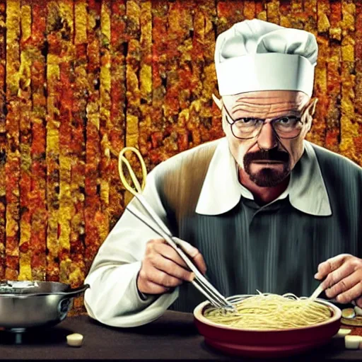 Image similar to walter white from breaking bad cooking spaghetti, 4 k, realistic, full body, full image, studio portrait