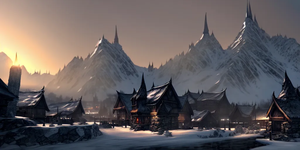 Prompt: a professional concept art of whiterun from skyrim, morning time, designed by john j park, cinematic camera shot, winter setting, trending on artstation, extremely detailed, perfect studio quality, cgi