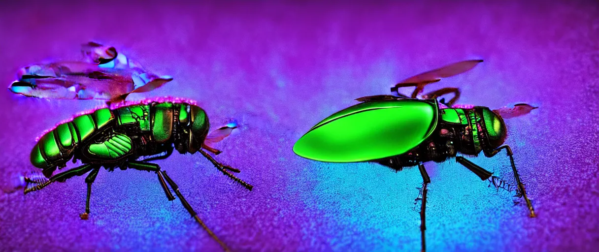 Prompt: high quality macro photo iridescent cyborg fly! jeweled very beautiful! highly detailed digital art david ligare elson peter cinematic purple neon lighting high quality low angle hd 8k sharp shallow depth of field