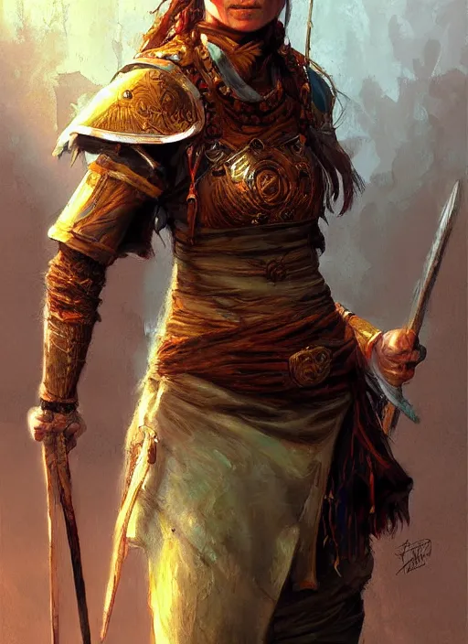 Image similar to highly detailed painting of a cleric warrior woman by jon foster, high fantasy, tropical colors trending on artstation