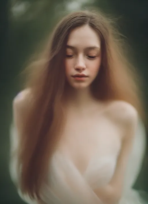 Image similar to cinestill 5 0 d photo portrait of a beautiful woman, delicate, dreamy, subsurface scattering, long hair floating in air in style of gilles zimmermann, 5 0 mm lens, f 2. 4, sharp focus, ethereal, emotionally evoking, head in focus, soft blur light, matt dreamy colour scheme, volumetric lighting, hyperrealistic, ultradetailed