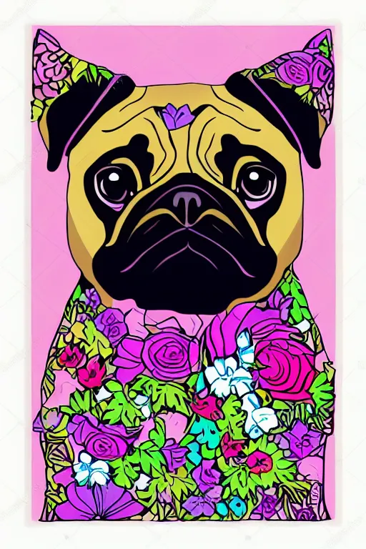 Image similar to portrait of a flower pug, art by milka oxana, sticker, colorful, illustration, highly detailed, simple, smooth and clean vector curves, no jagged lines, vector art, smooth