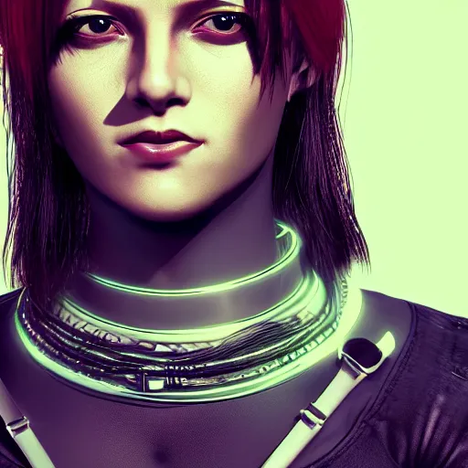 Prompt: realistic female character cyberpunk wearing technological collar around neck, realistic, art, beautiful, 4K, collar, choker, collar around neck, punk, artstation, detailed, female, woman, choker, dark, collar, choker,