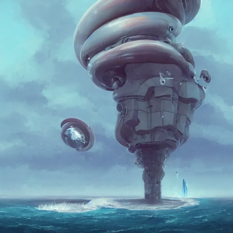 Image similar to gigantic mechanical spaceship called the nautilus dripping wet emerging from a the ocean, launching to space, big booster rocket engines, sci - fi concept art, by john harris, by simon stalenhag, stunning, award winning