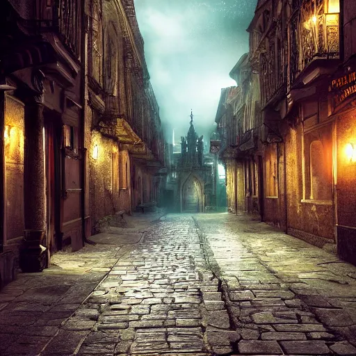 Prompt: quiet street in an old gothic city, high resolution, highly detailed, dark fantasy, night