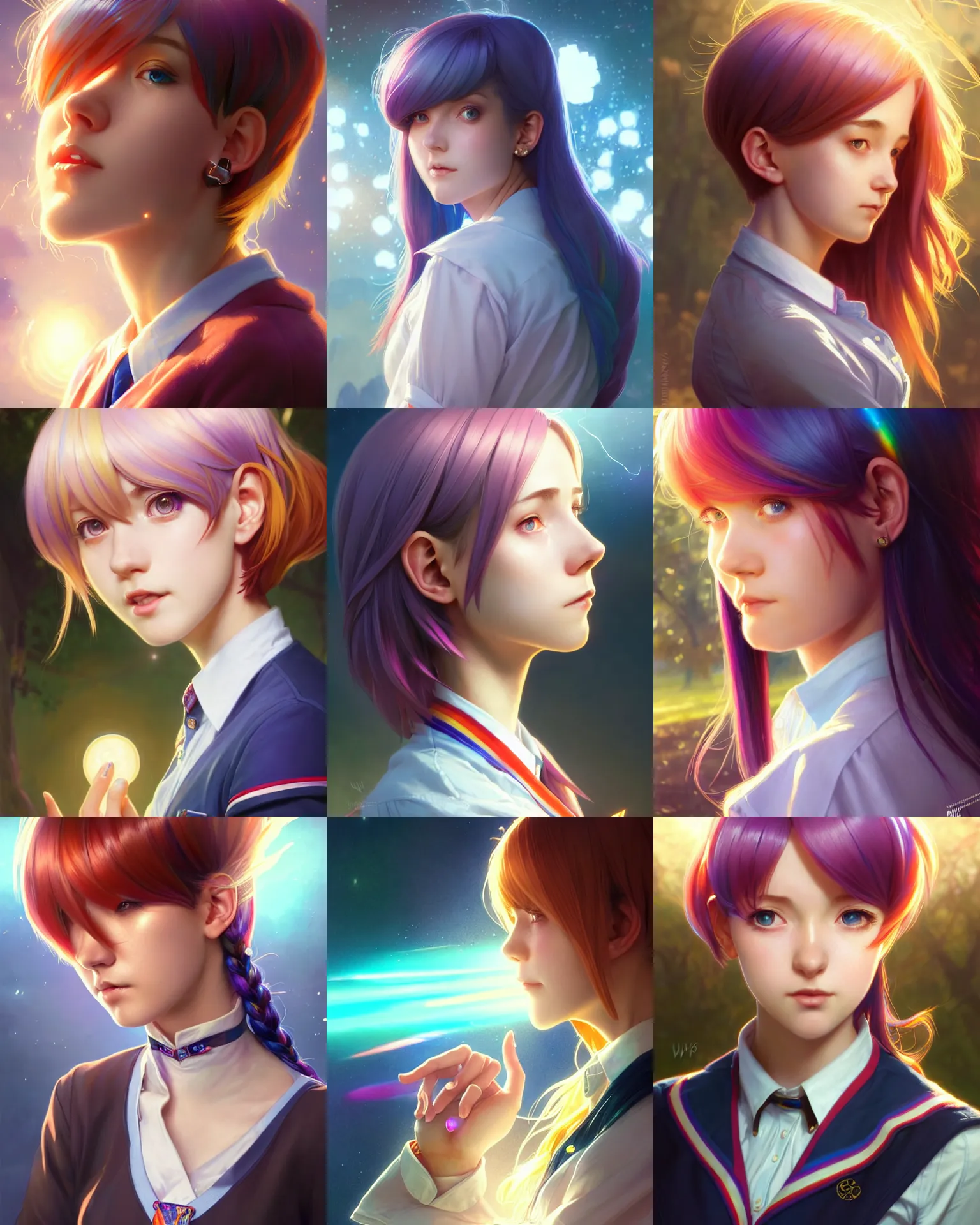 Prompt: side portrait of an innocent lost college girl, magic school uniform, multi - colored hair, short hair style, fantasy building, intricate, sharp focus, lens flare, bloom, rim light, illustration, highly detailed, digital painting, concept art, matte, art by wlop and artgerm and greg rutkowski and alphonse mucha, masterpiece