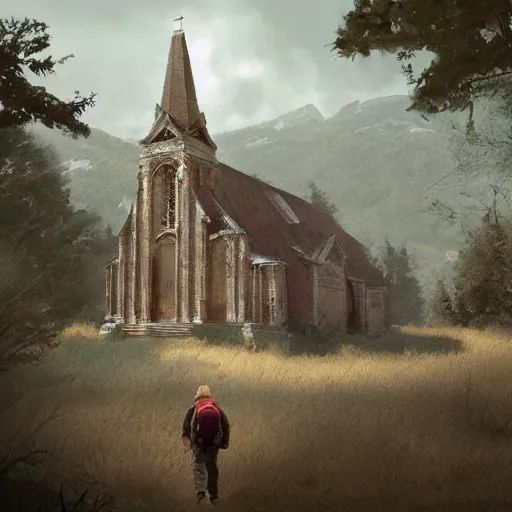 Prompt: hikers coming across a abandoned church in the style of craig mullins